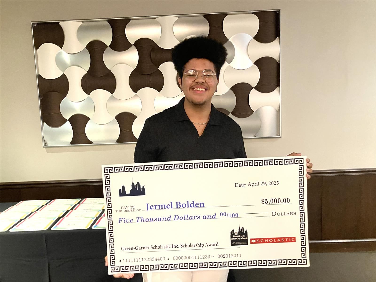 TPS Student, Jermel Bolden wins the Green Garner scholarship awarded by Superintendent, Romules Durant